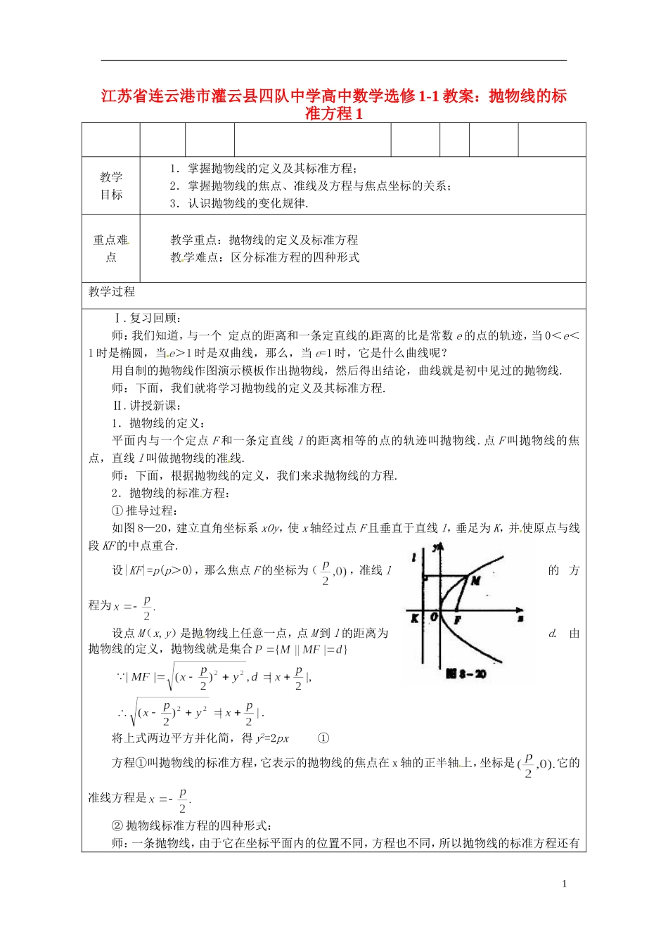 江苏省连云港市灌云县四队中学高中数学 抛物线的标准方程1教案 苏教版选修1-1_第1页