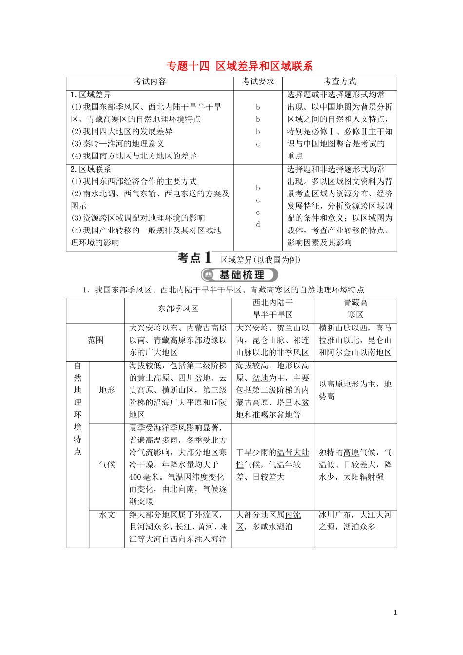 浙江省高考地理二轮复习 专题十四 区域差异和区域联系教案-人教版高三全册地理教案_第1页