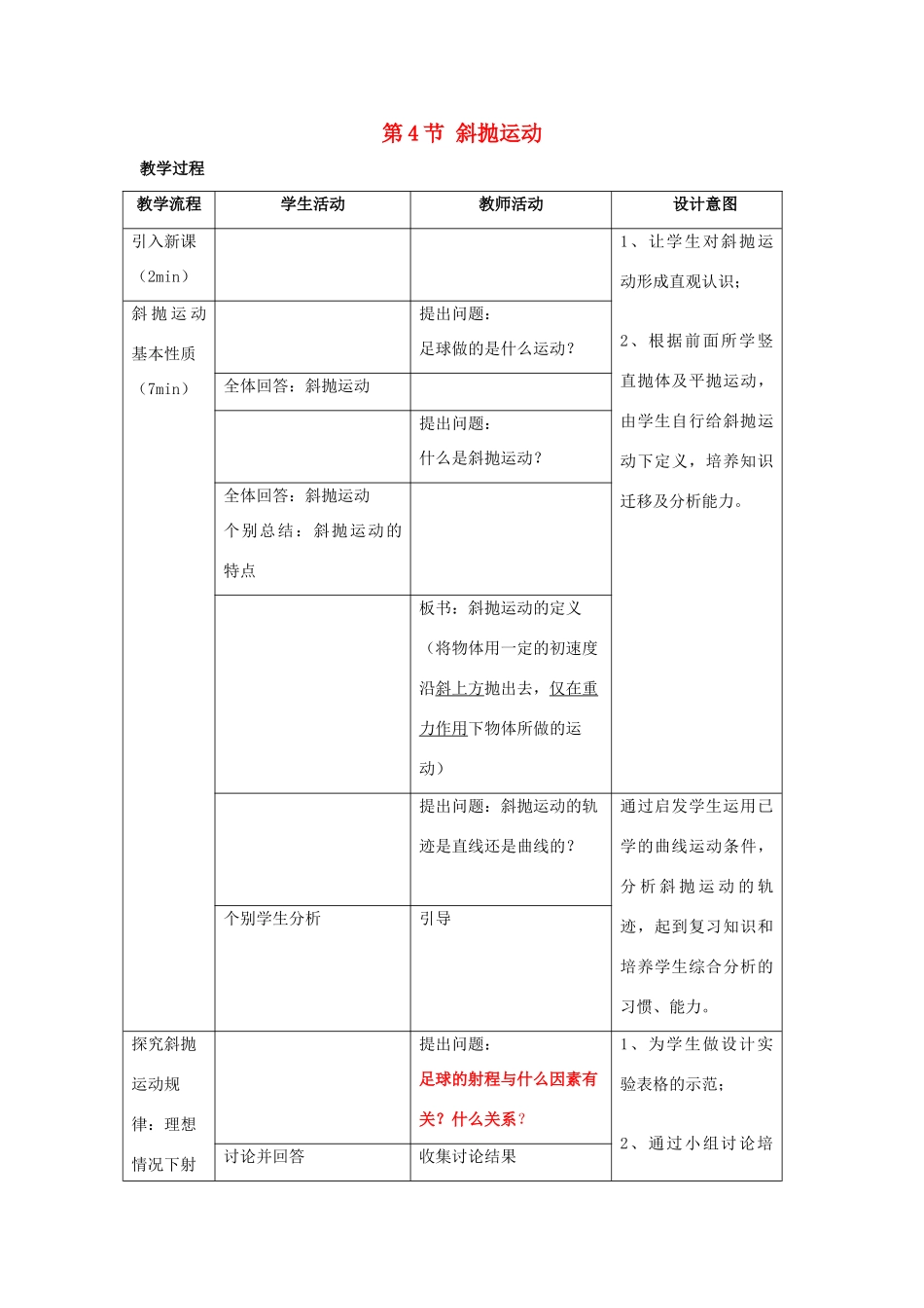 高中物理 第一章 抛体运动 4 斜抛运动教案3 教科版必修2-教科版高一必修2物理教案_第1页