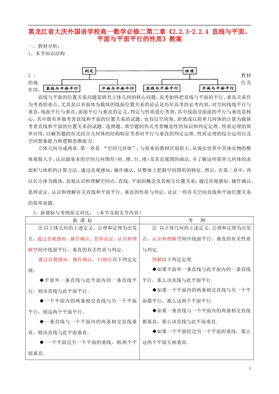 黑龙江省大庆外国语学校高中数学 第二章《2.2.3-2.2.4 直线与平面、平面与平面平行的性质》教案 新人教A版必修2_第1页