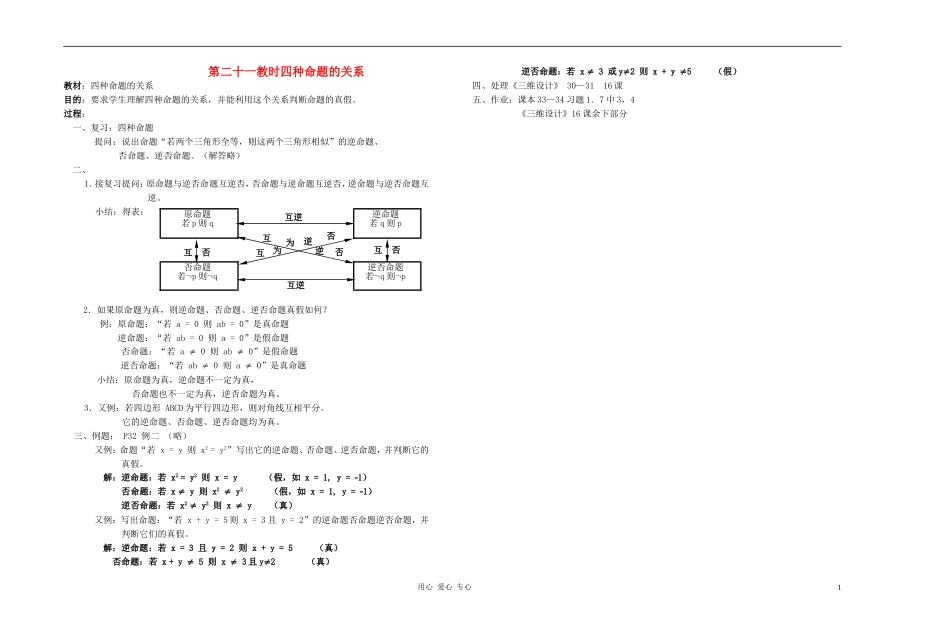 广西省高中数学 四种命题的关系教时教案 人教版_第1页