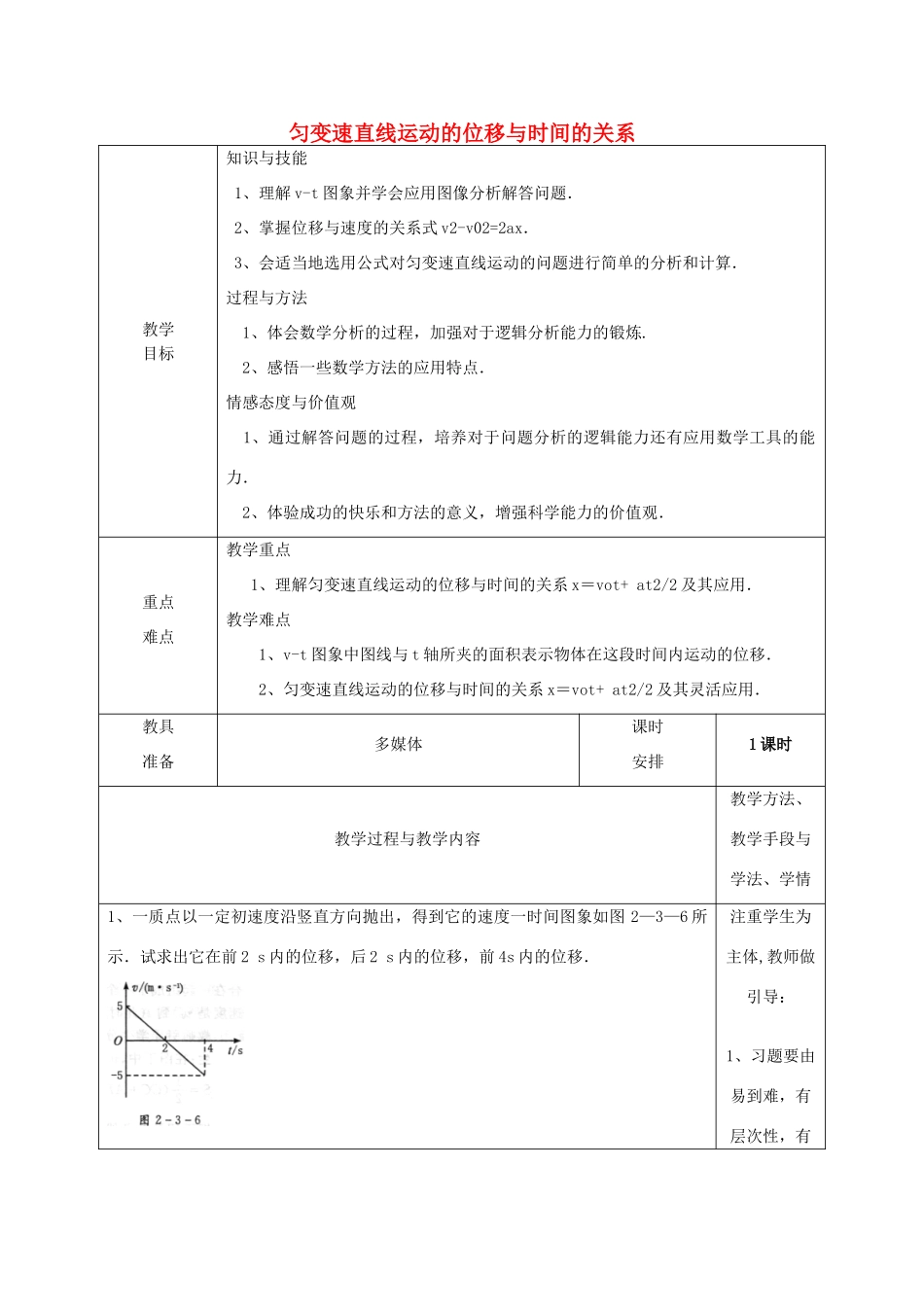 高中物理 第二章 匀变速直线运动的研究 2.3 匀变速直线运动的位移与时间的关系第二课时教案 新人教版必修1-新人教版高一必修1物理教案_第1页