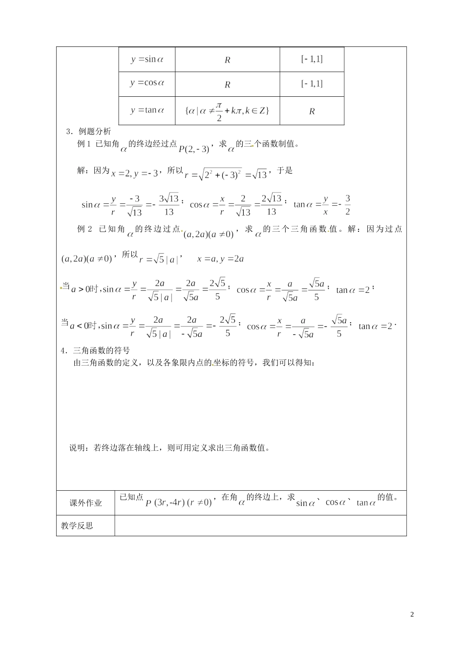 江苏省连云港市灌云县四队中学高中数学 任意角的三角函数1教案 苏教版必修4_第2页