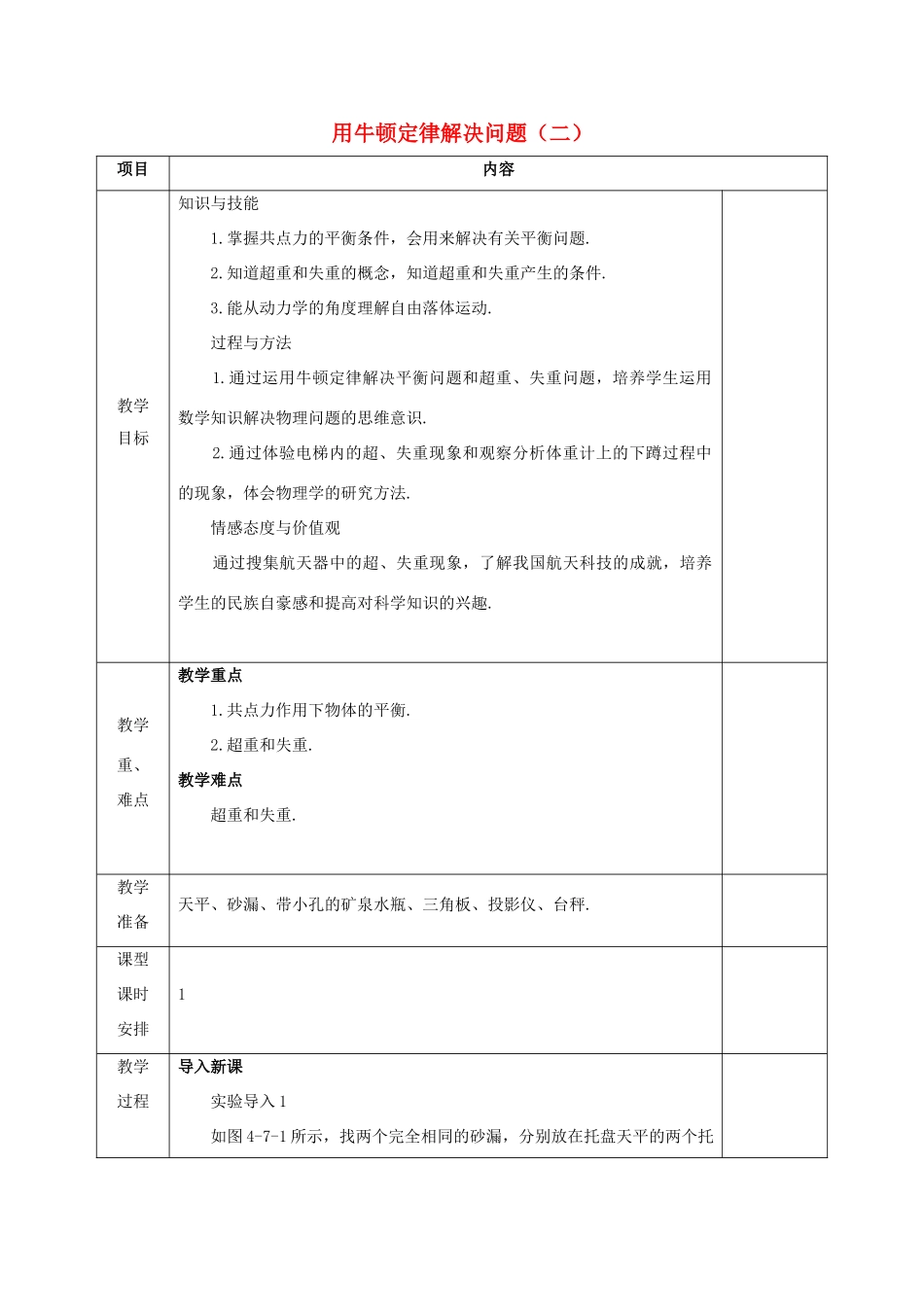 高中物理 第4章 牛顿运动定律 4.7 用牛顿定律解决问题（二）教案 新人教版必修1-新人教版高一必修1物理教案_第1页