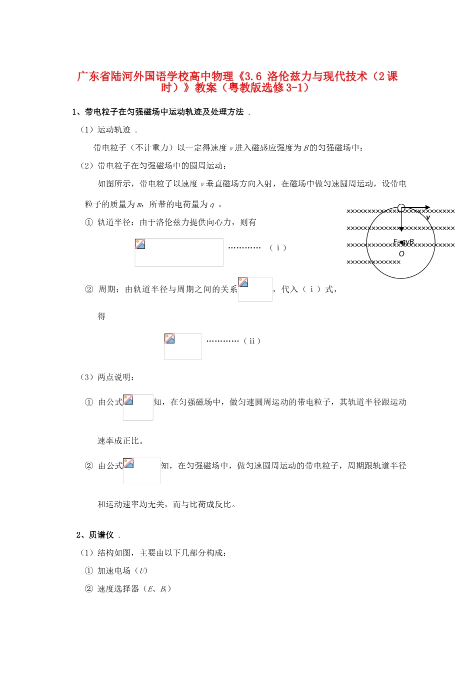 广东省陆河外国语学校高中物理《3.6 洛伦兹力与现代技术（2课时）》教案 粤教版选修3-1_第1页