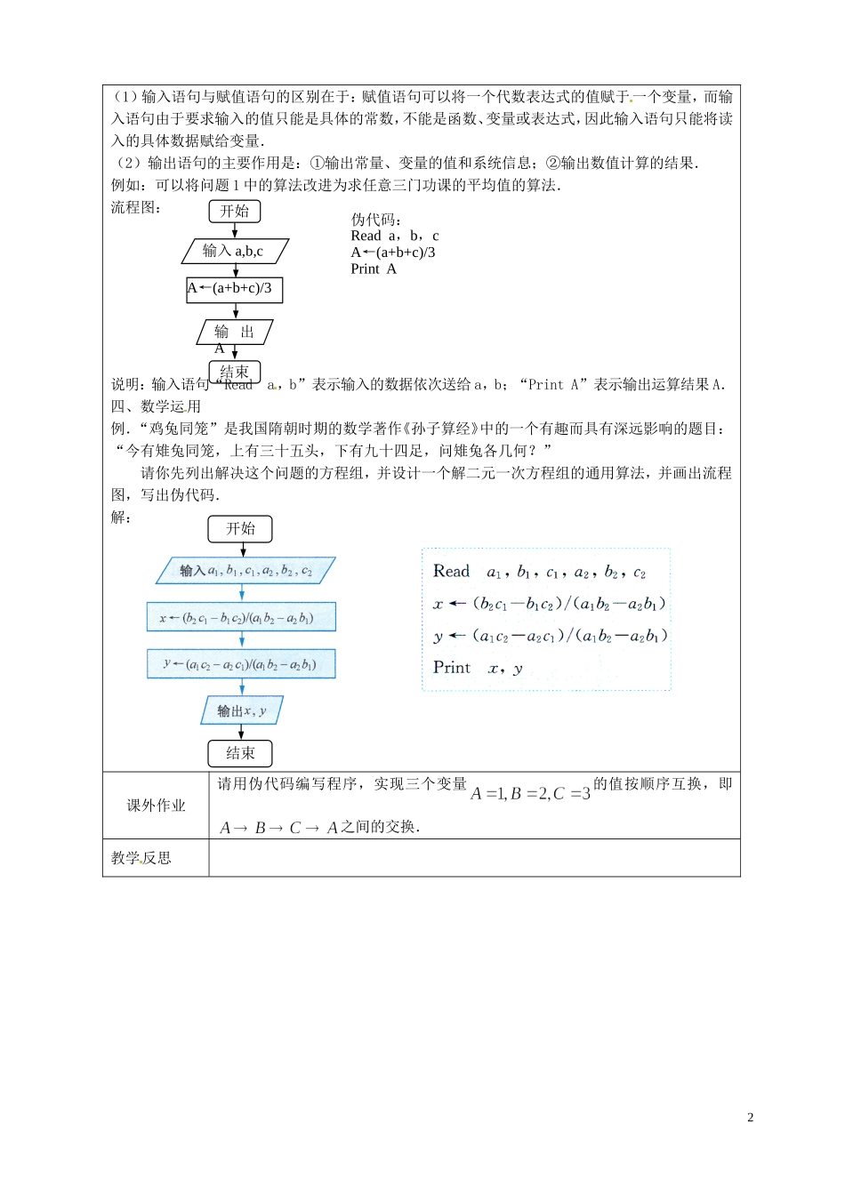 江苏省连云港市灌云县四队中学高中数学 基本算法语句赋值、输入、输出语句教案 苏教版必修3_第2页