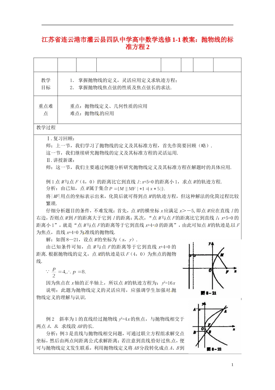 江苏省连云港市灌云县四队中学高中数学 抛物线的标准方程2教案 苏教版选修1-1_第1页