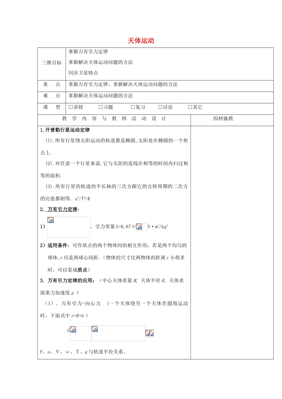高中物理 第三章 万有引力定律及其应用 天体运动教案 粤教版必修2-粤教版高一必修2物理教案_第1页
