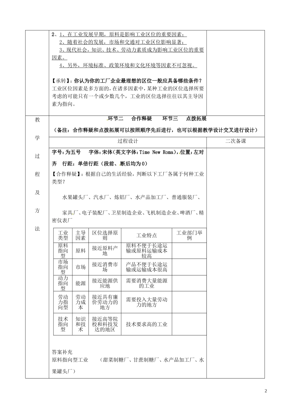 江苏省徐州市睢宁县菁华高级中学20014年高中地理 第三单元 第二节 工业生产与地理环境（第一课时）四步教学法教案 鲁教版必修2_第2页