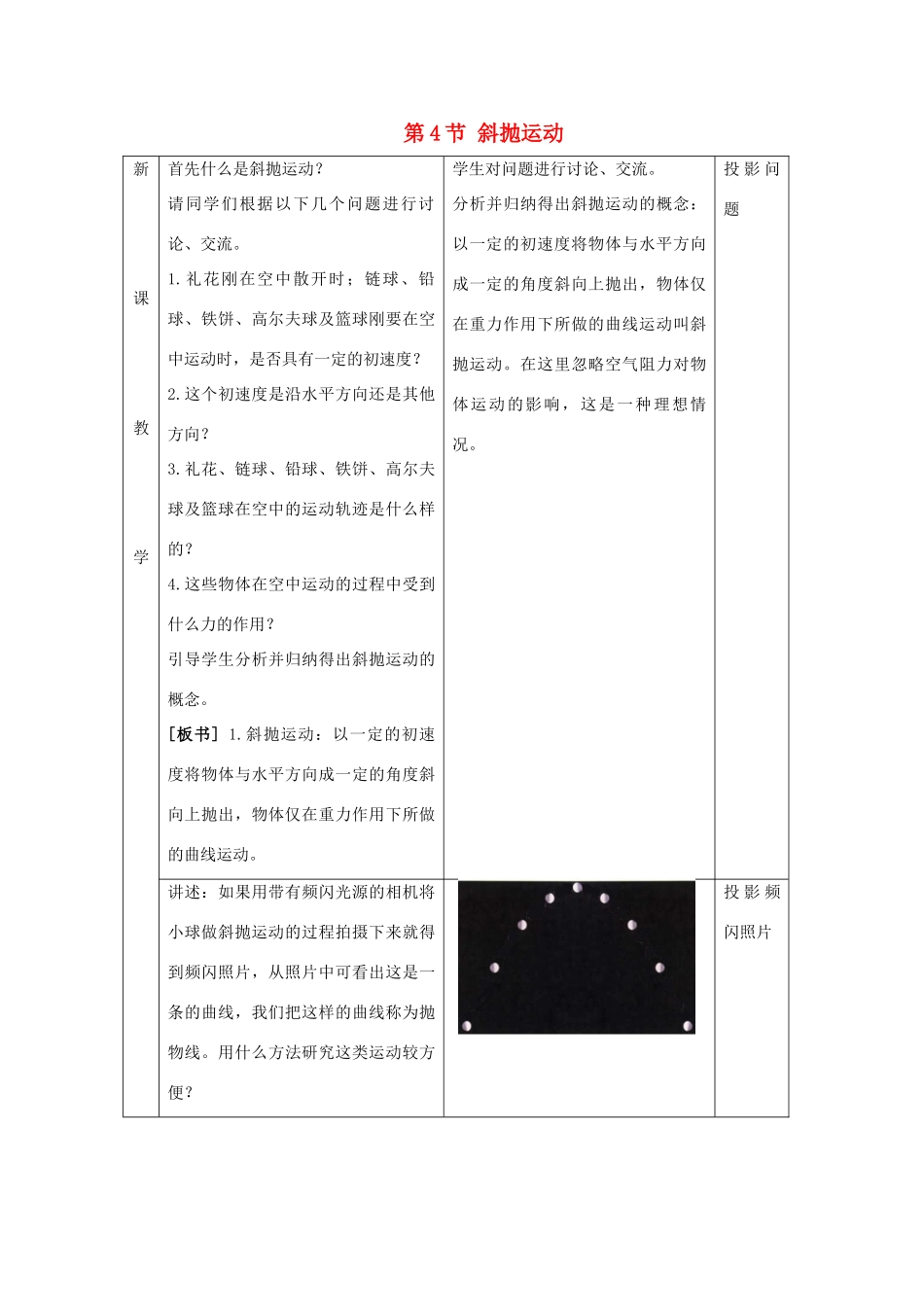 高中物理 第3章 抛体运动 第4节 斜抛运动教学设计2 鲁科版必修2-鲁科版高一必修2物理教案_第1页