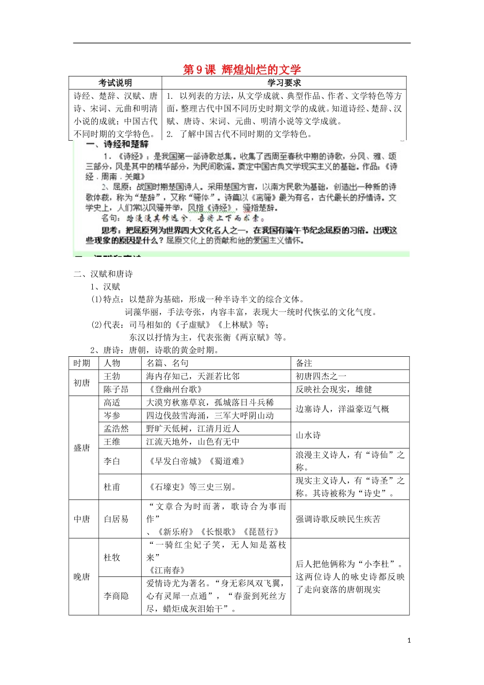 湖南省新田县高中历史 第9课  辉煌灿烂的文学教案 新人教版必修3_第1页
