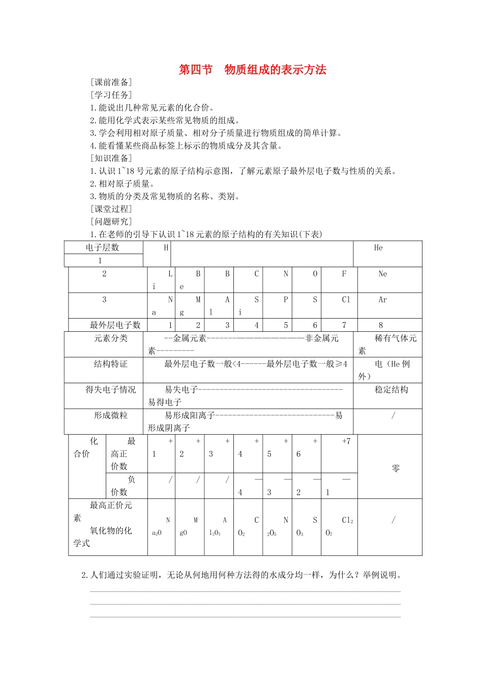 九年级化学上册3.4物质组成的表示方法教学案沪科版_第1页