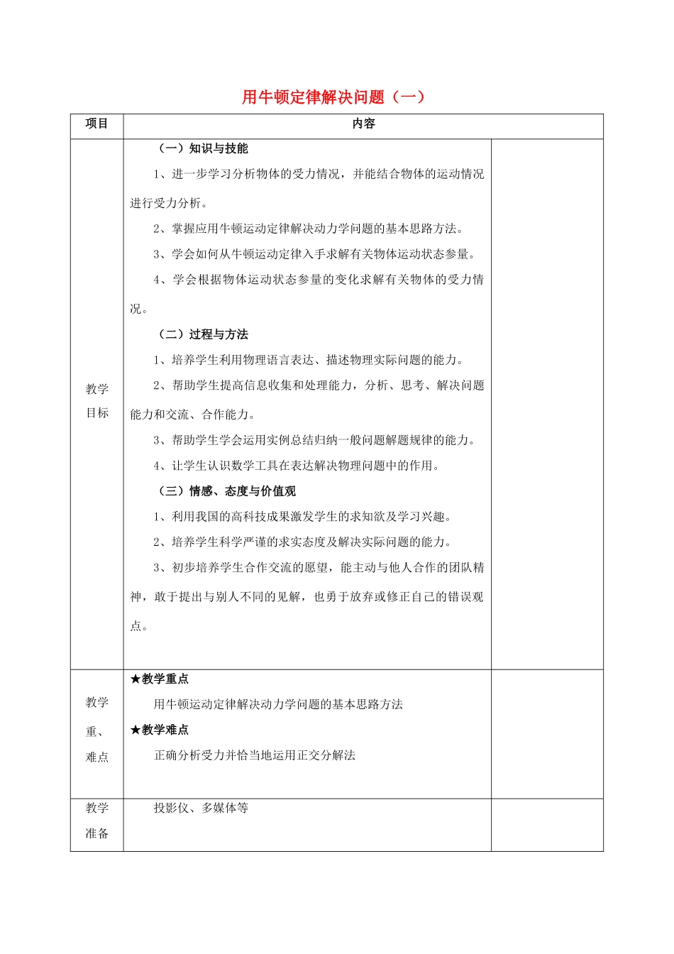 高中物理 第4章 牛顿运动定律 4.6 用牛顿定律解决问题（一）教案 新人教版必修1-新人教版高一必修1物理教案_第1页