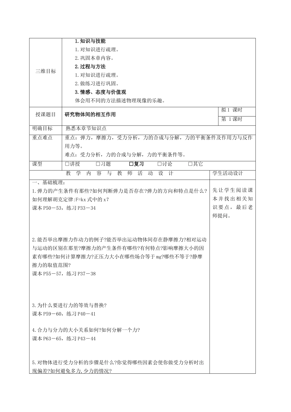 高中物理 第三章 研究物体间的相互作用单元小结教案 粤教版必修1-粤教版高一必修1物理教案_第2页