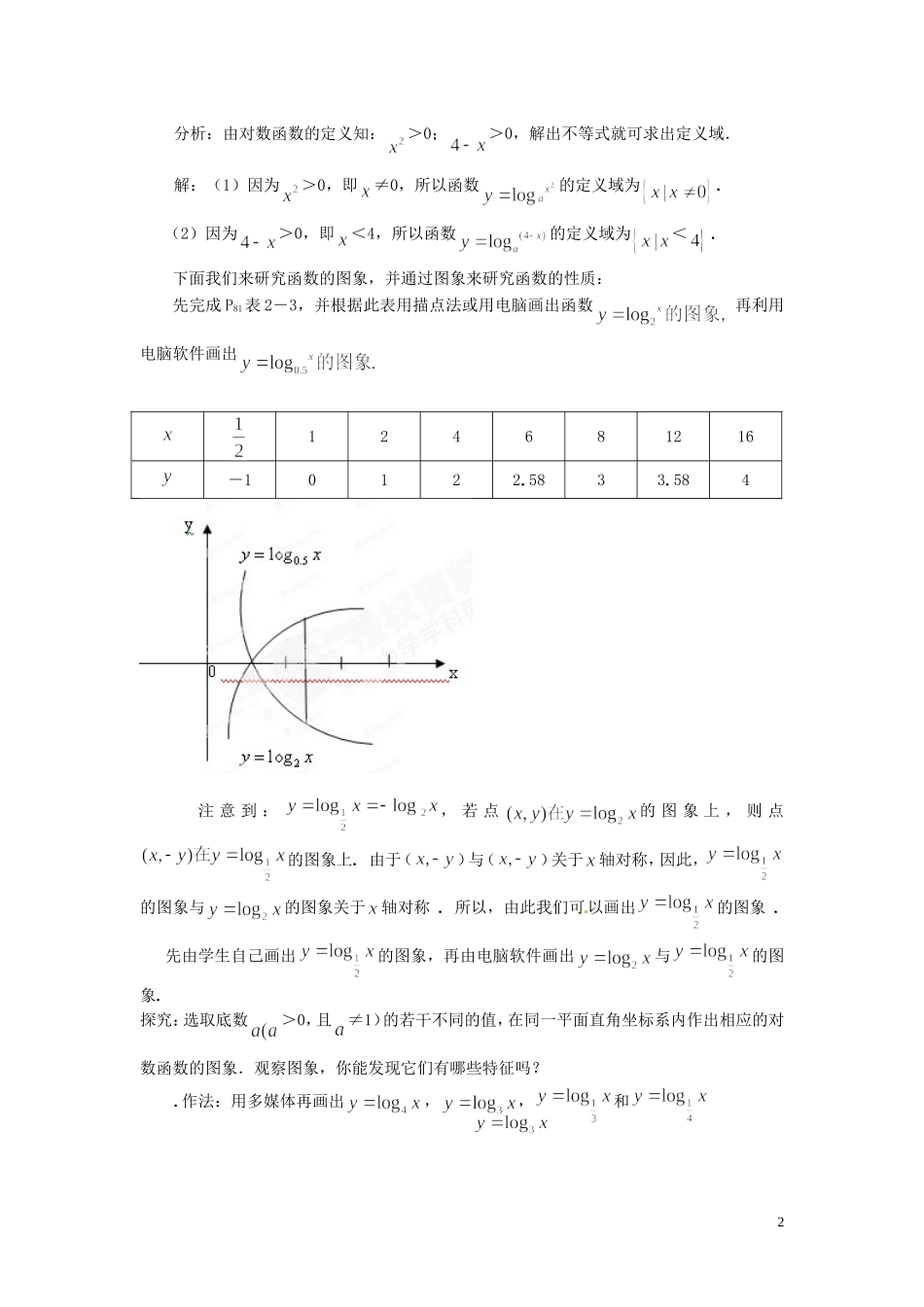 河北省容城中学高中数学《2.2.2对数函数及其性质（第一、二课时）》教案 新人教A版必修1_第2页