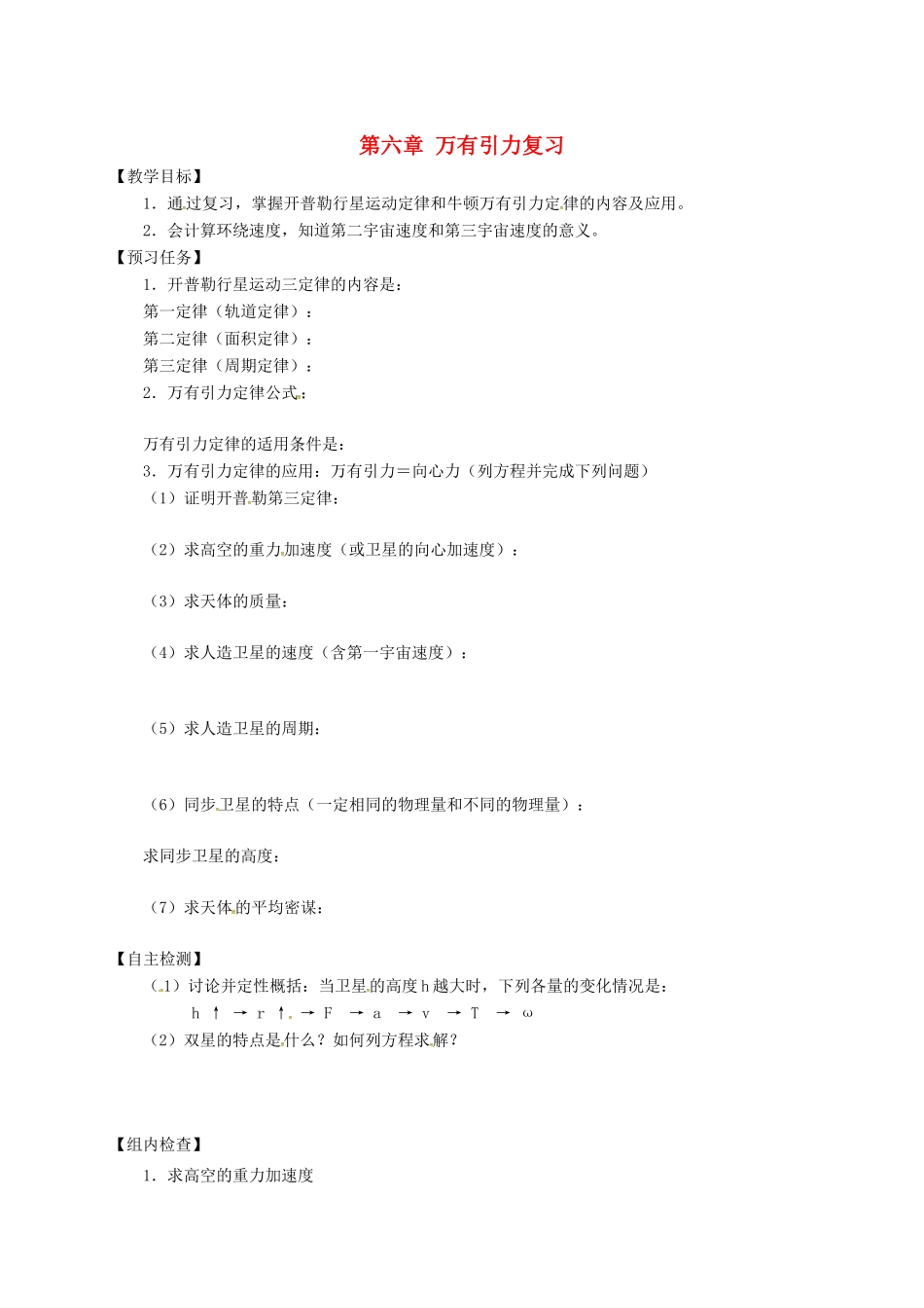 高中物理 第六章 万有引力复习预习案 新人教必修2-人教版高一必修2物理教案_第1页