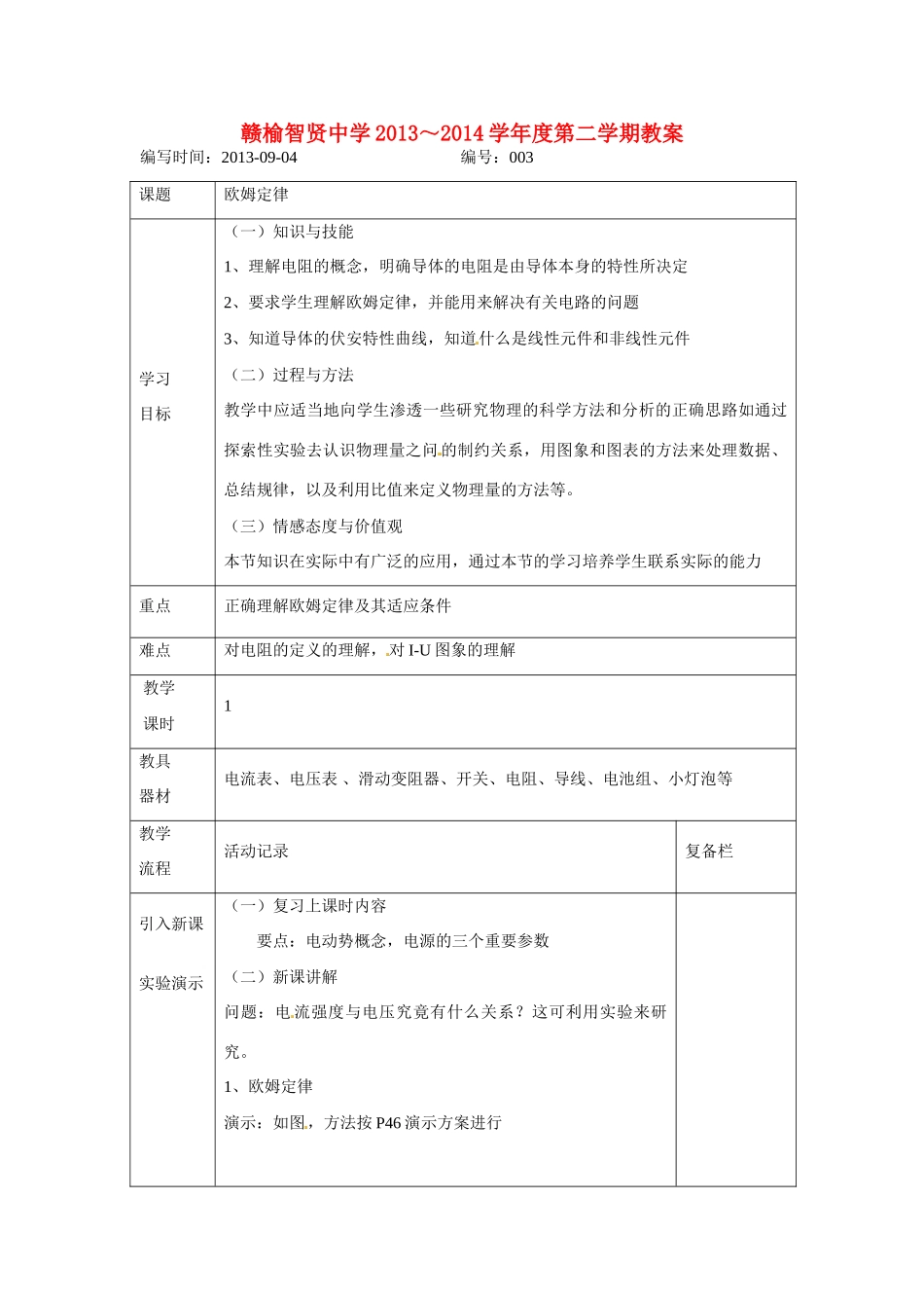 江苏赣榆县智贤中学高三物理总复习 欧姆定律教案_第1页