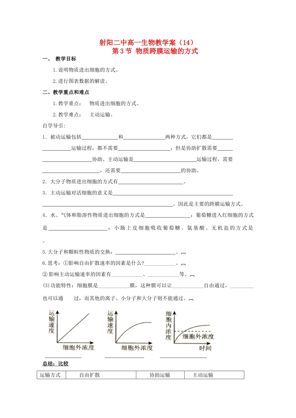 江苏省盐城市射阳二中高一生物《物质跨膜运输的方式》教学案_第1页