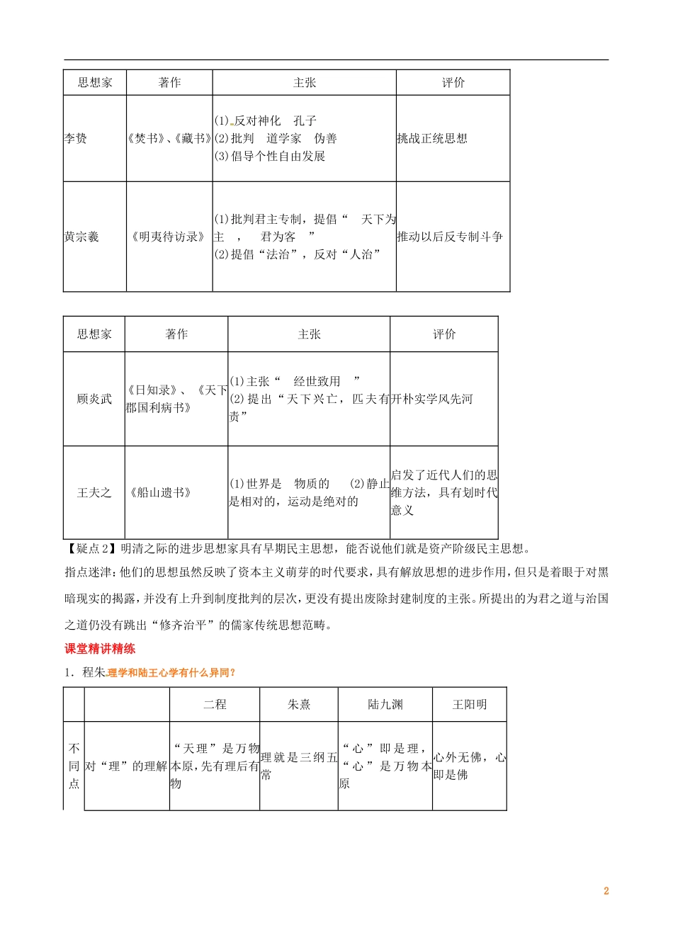 广东省陆河外国语学校高中历史《 第1单元 考点2 宋明理学与明清之际的儒学思想》教案 新人教版必修3_第2页