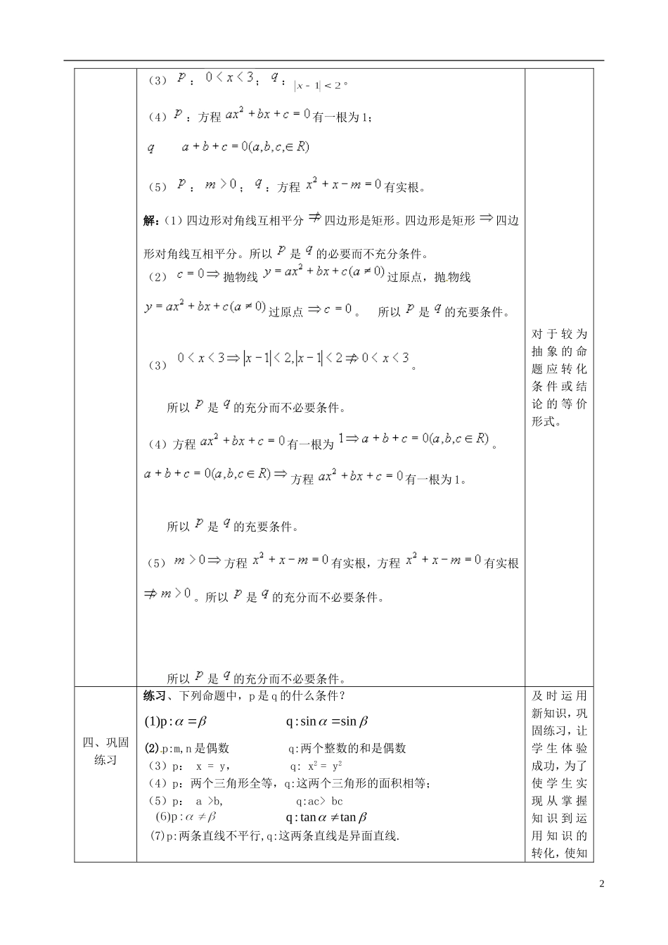 湖北省恩施巴东县第一高级中学高中数学 1.2充分条件与必要条件（1）教案 新人教版选修1-1_第2页