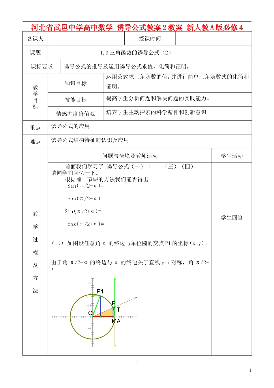 河北省武邑中学高中数学 诱导公式教案2教案 新人教A版必修4_第1页