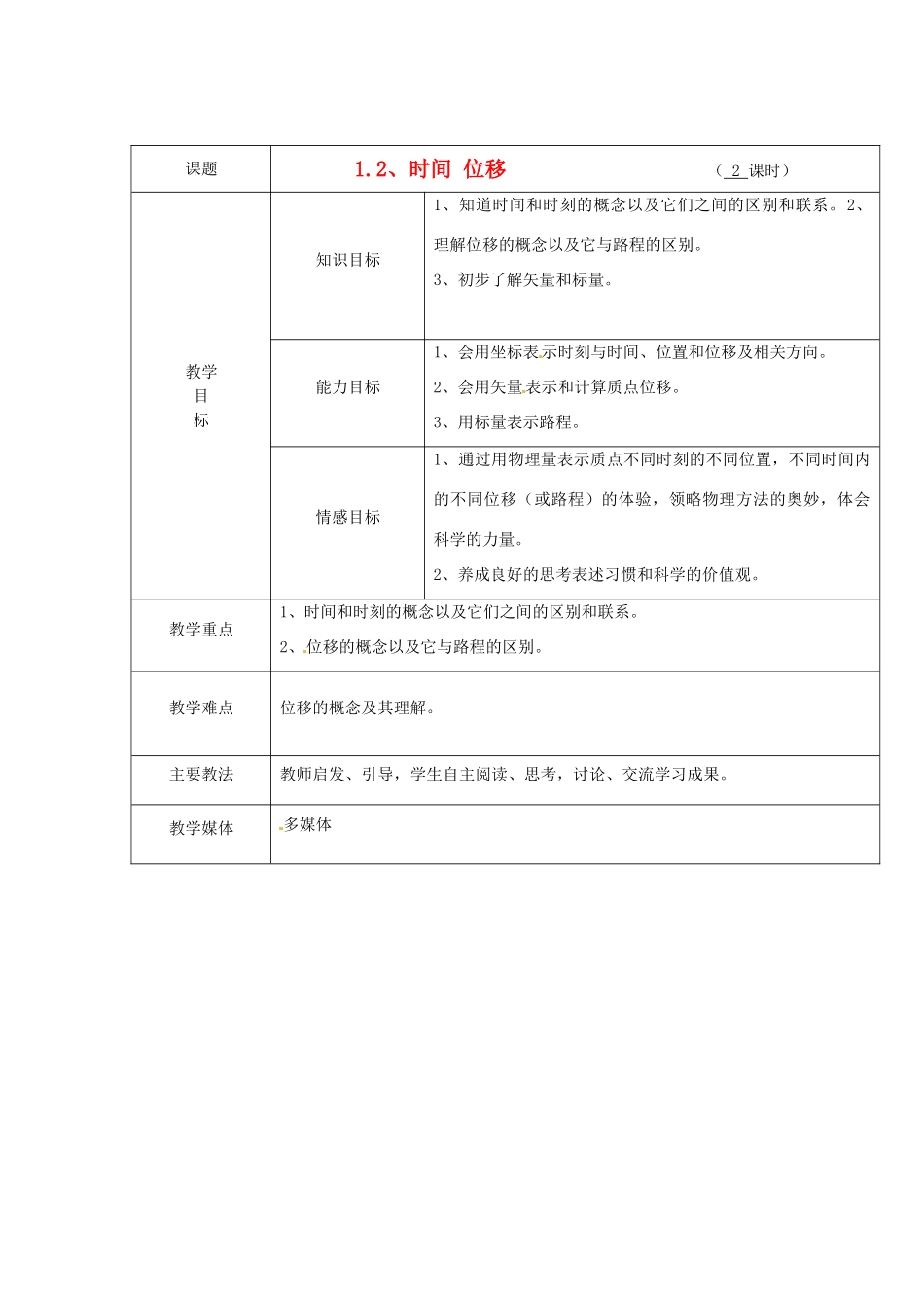 广东省陆河外国语学校高中物理《1.2 时间 位移》教案 新人教版必修1_第1页