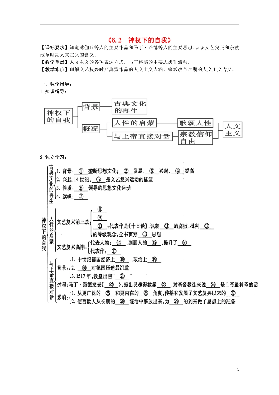 重庆市江津五中高中历史《6.2 神权下的自我》教案 人民版必修3_第1页