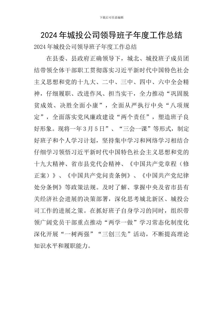 2024年城投公司领导班子年度工作总结_第1页