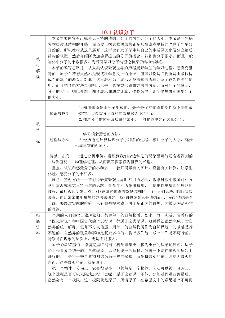 八年级物理下册 10.1认识分子导学设计 （新版）粤教沪版-（新版）粤教沪版初中八年级下册物理学案_第1页