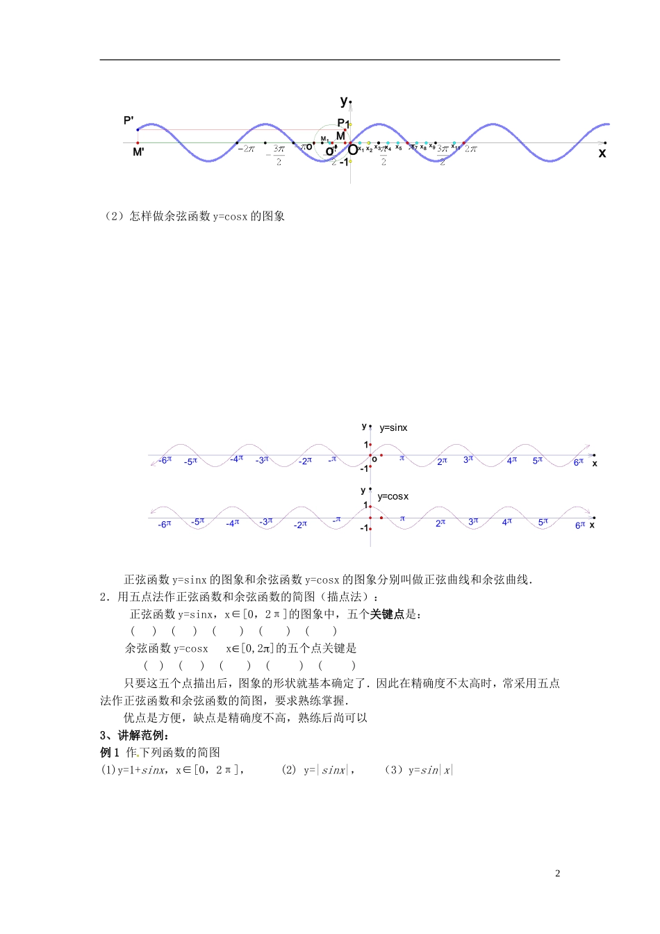 四川省宣汉县第二中学高中数学《正弦、余弦函数的图象》教案（1） 新人教A版必修5_第2页