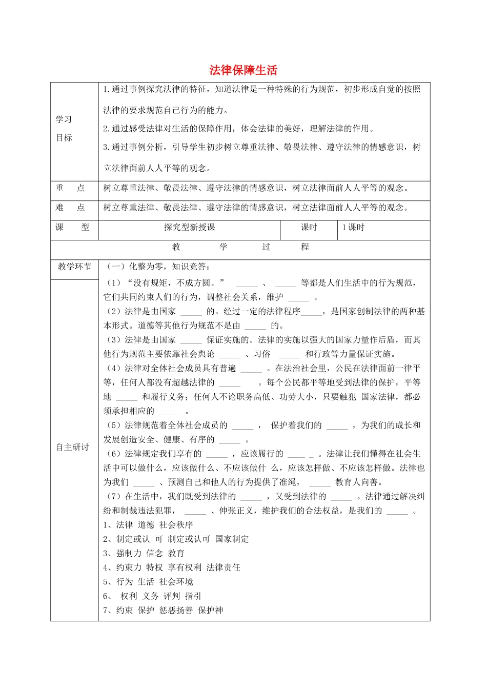 七年级道德与法治下册 第四单元 走进法治天地 第九课 法律在我们身边 第2框 法律保障生活学案1 新人教版-新人教版初中七年级下册政治学案_第1页
