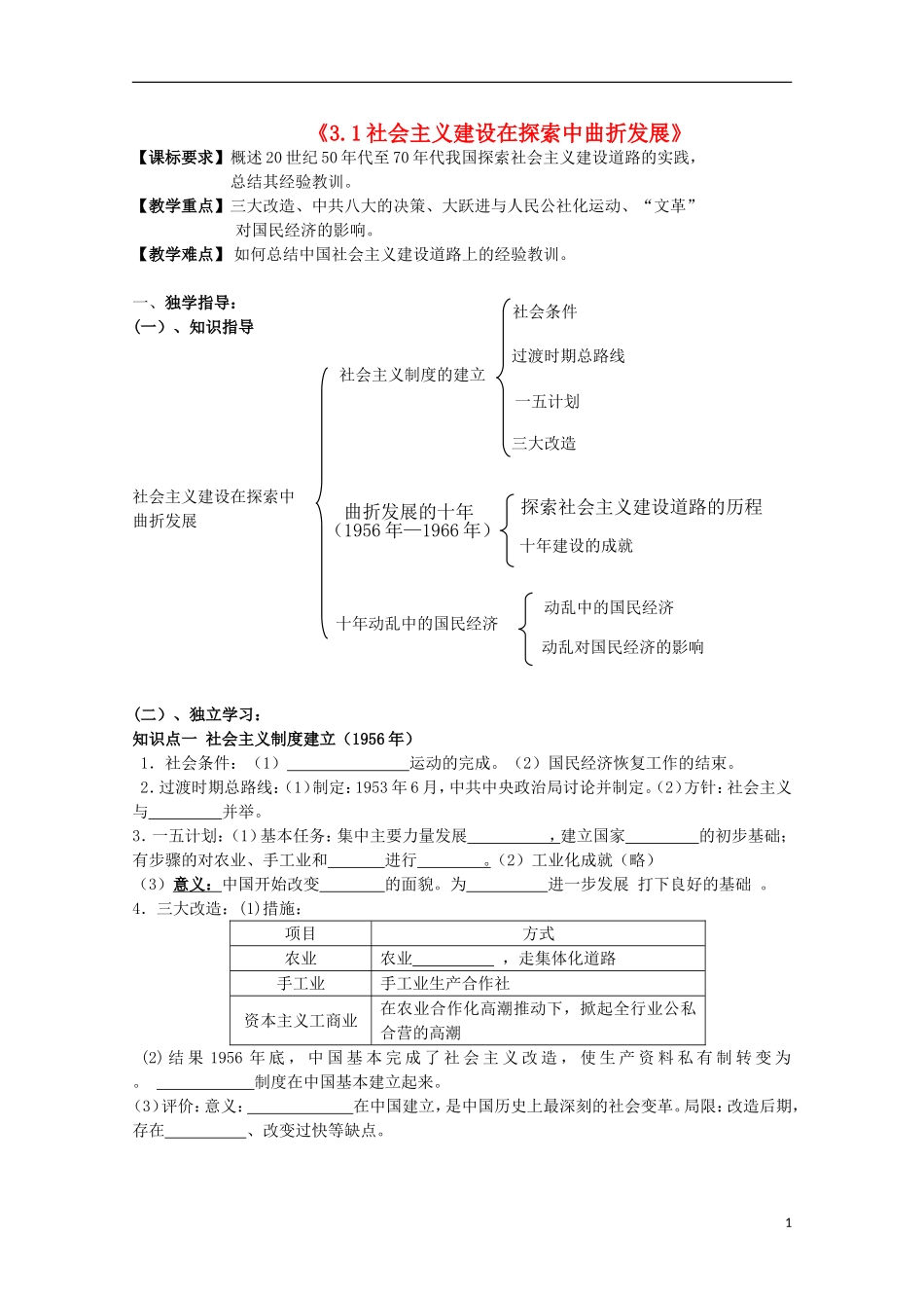 重庆市江津五中高中历史《3.1 社会主义建设在探索中曲折发展》教案 人民版必修2_第1页