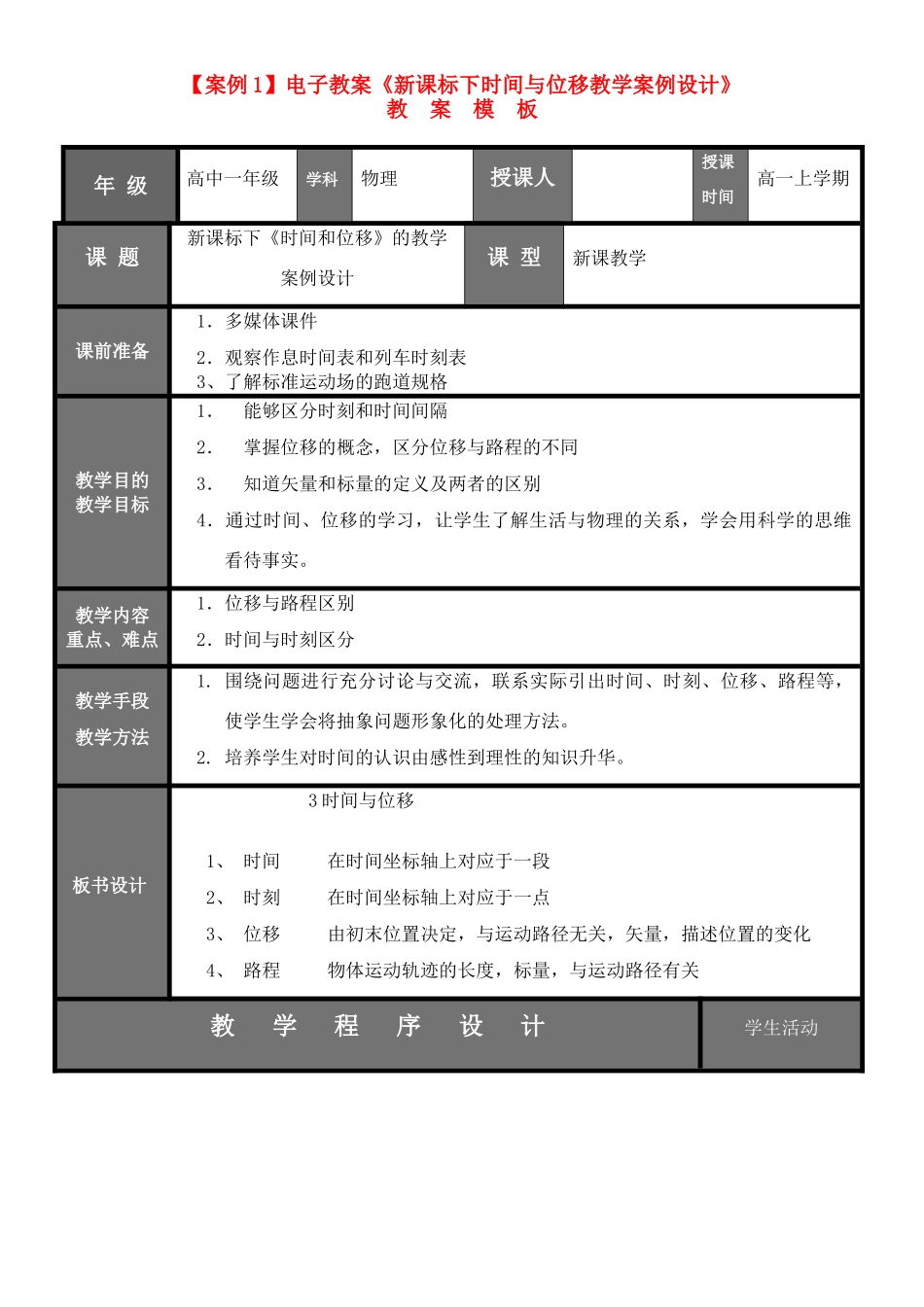 高中物理 关于时间和位移的教案 新人教版必修1_第1页
