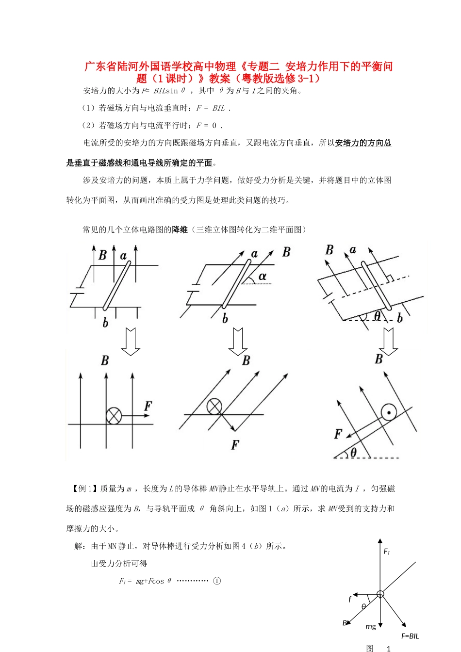 广东省陆河外国语学校高中物理《专题二 安培力作用下的平衡问题（1课时）》教案 粤教版选修3-1_第1页
