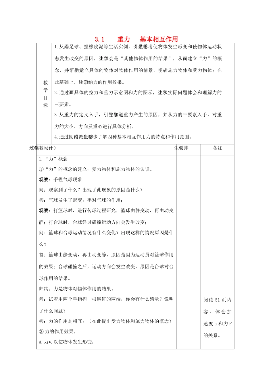 高中物理 第三章 相互作用 3.1 重力、基本相互作用教案4 新人教版必修1-新人教版高一必修1物理教案_第1页