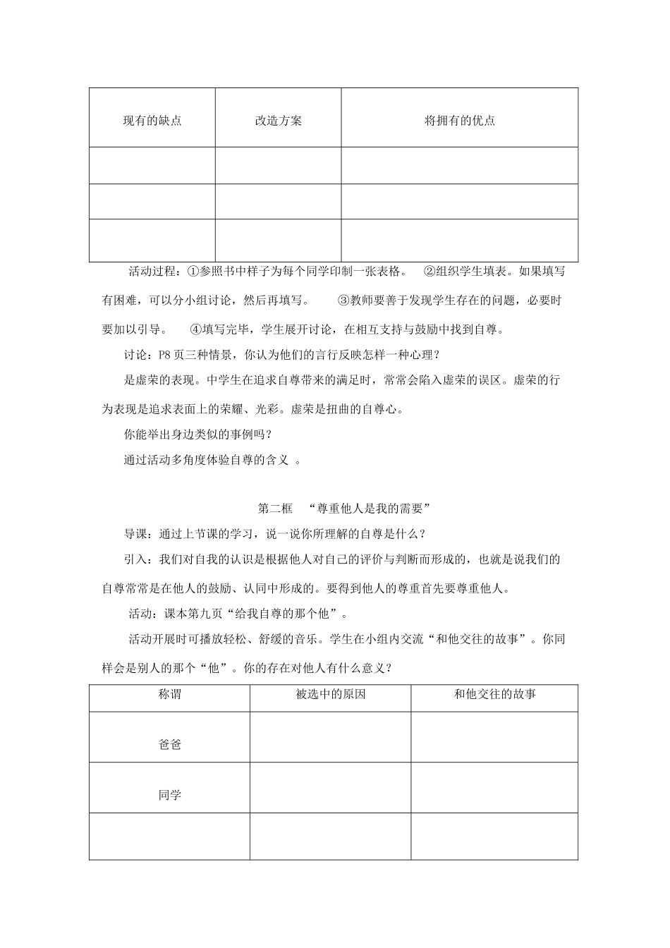 七年级政治下册 第一课 《珍惜无价的自尊》教学设计 人教新课标版教材_第3页