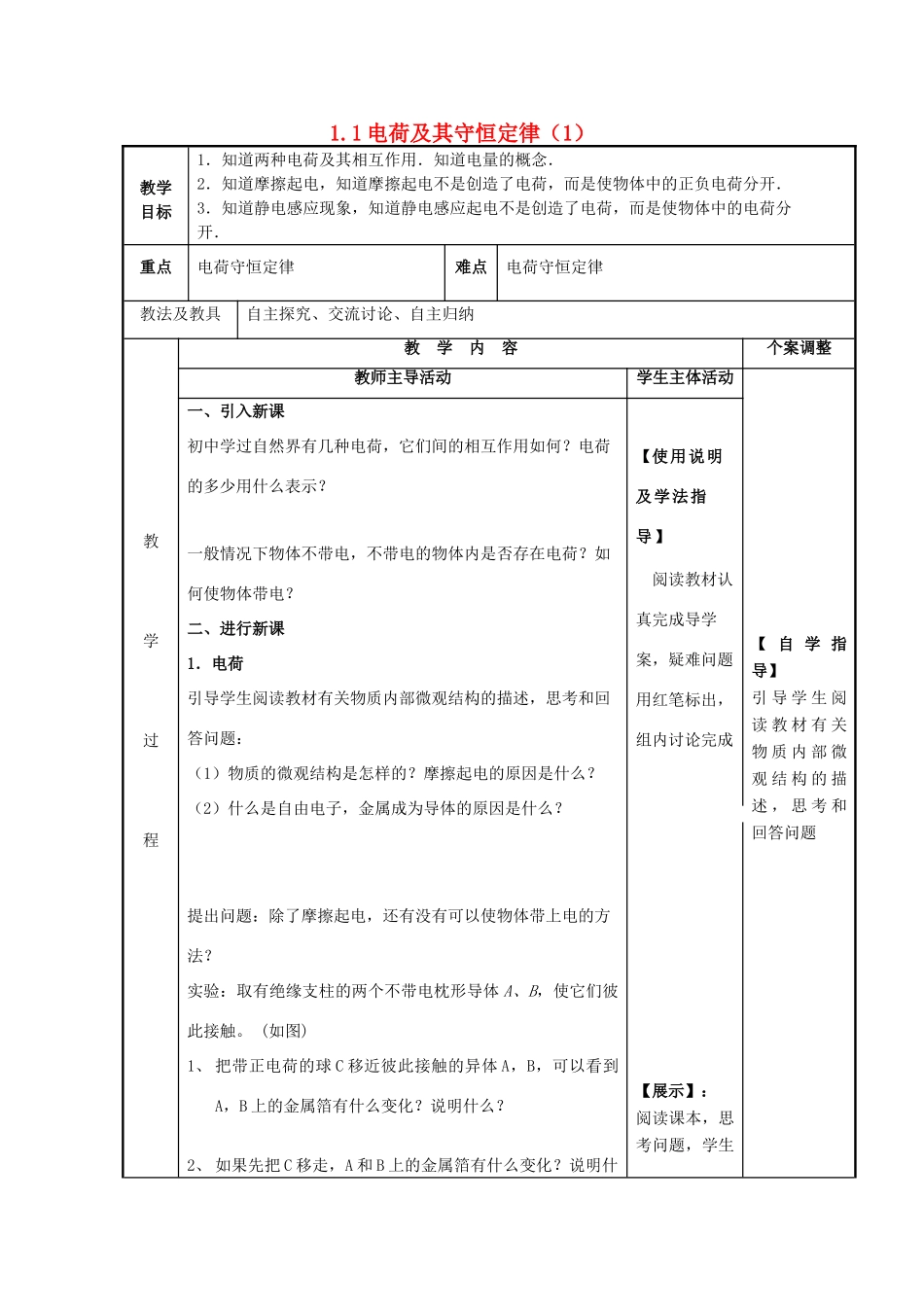 高中物理 第1章 电荷的相互作用 1.1 静电现象与电荷守恒教案1 沪科版选修3-1-沪科版高二选修3-1物理教案_第1页