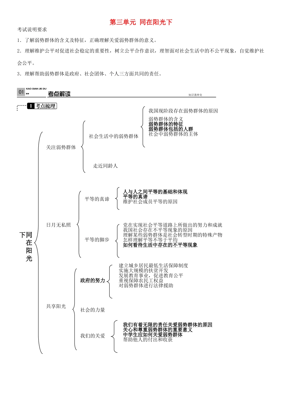 春中考政治 考点梳理复习 九年级 第三单元 同在阳光下学案 教科版-教科版初中九年级全册政治学案_第1页