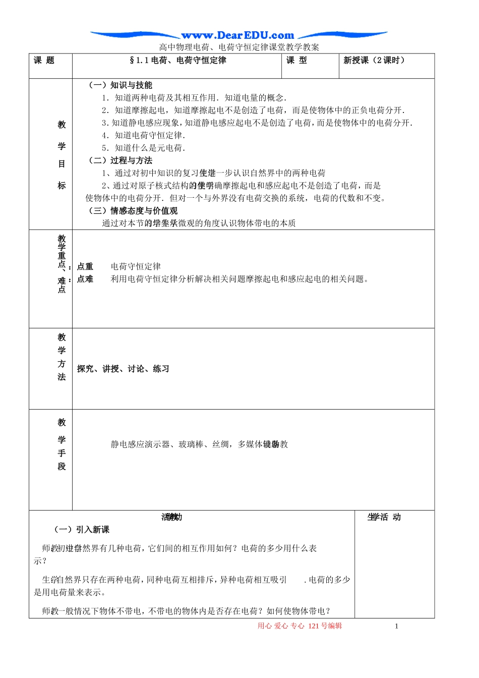 高中物理电荷、电荷守恒定律课堂教学教案_第1页