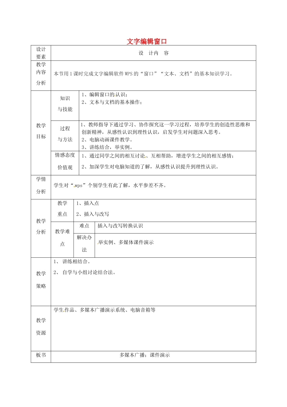 高中信息技术下册《第1课时 文字编辑窗口》教案-人教版高中下册信息技术教案_第1页