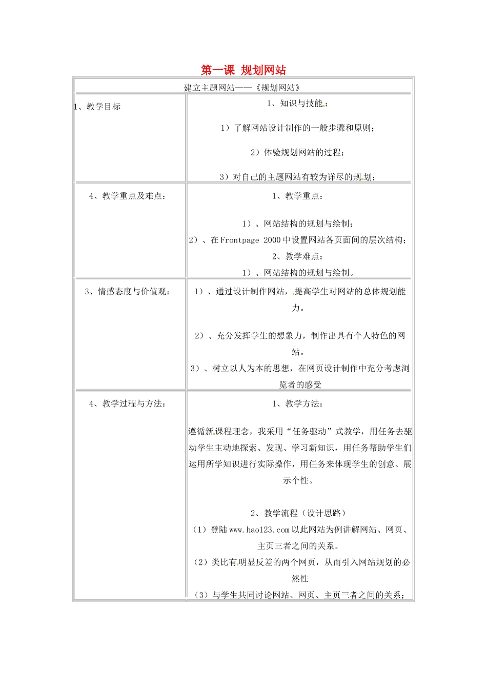 高中信息技术《网络技术应用》第四章 第一课 规划网站教案-人教版高中全册信息技术教案_第1页