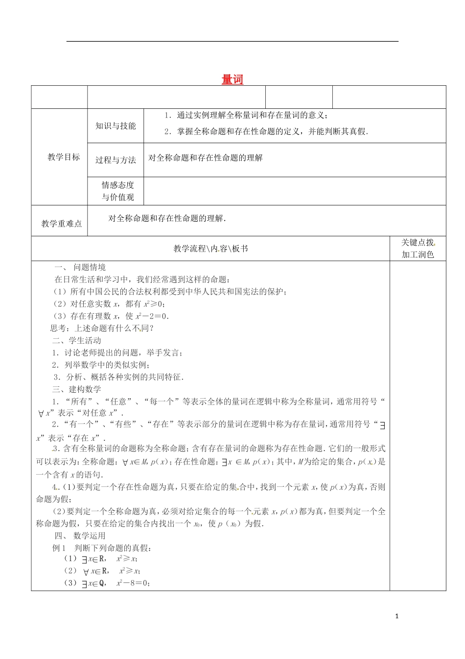 重庆市万州分水中学高中数学《1.3.1 量词》教案 苏教版选修2-1_第1页