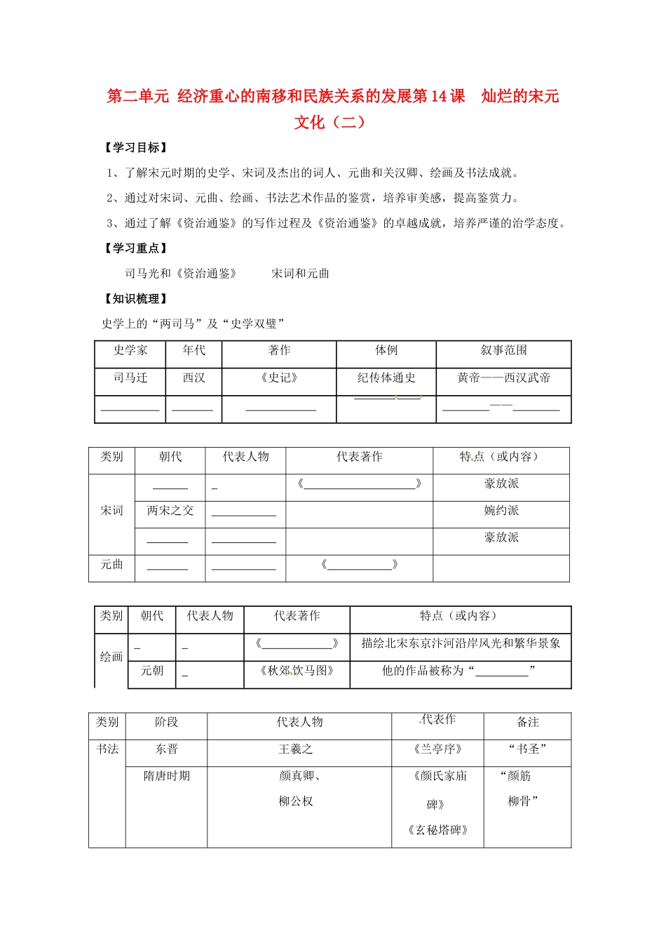 七年级历史下册 2.14《灿烂的宋元文化（二）》学案 人教新课标版_第1页