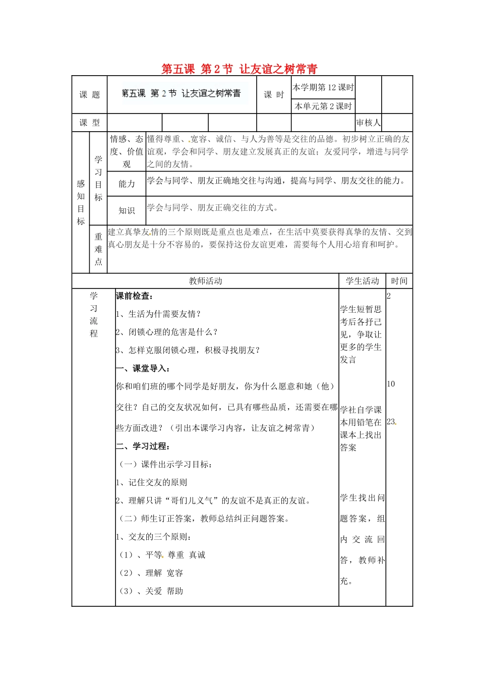 山东省滨州市邹平实验中学七年级政治上册 第五课 第2节 让友谊之树常青学案 鲁教版_第1页