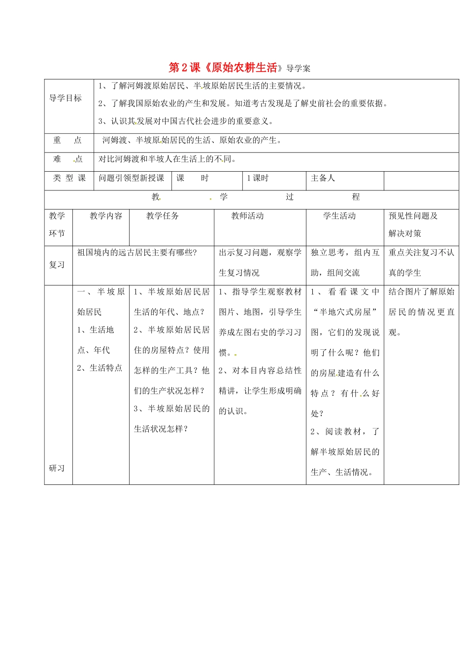 （秋季版）吉林省通化市七年级历史上册 第1单元 第2课《原始农耕生活》导学案 新人教版-新人教版初中七年级上册历史学案_第1页