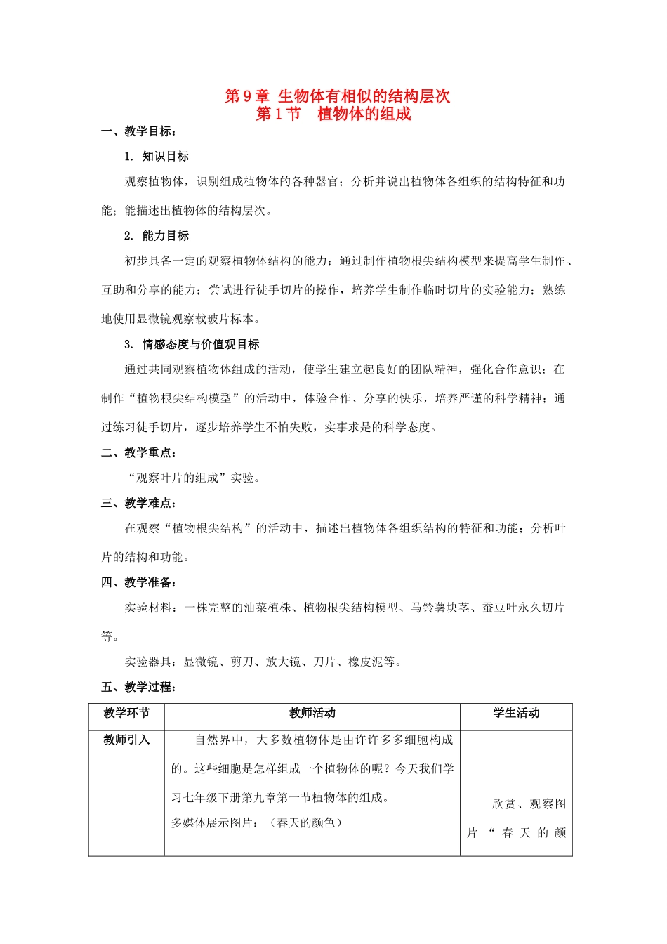 2013-2014学年七年级生物下册 9.1 植物体的组成教案 （新版）苏科版_第1页