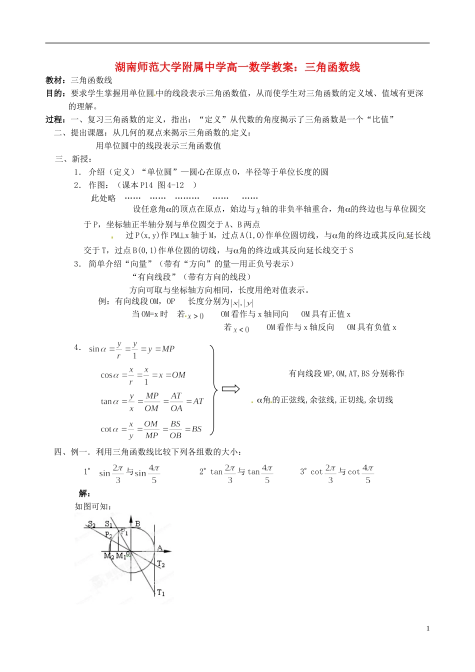 湖南师范大学附属中学高一数学 三角函数线教案_第1页