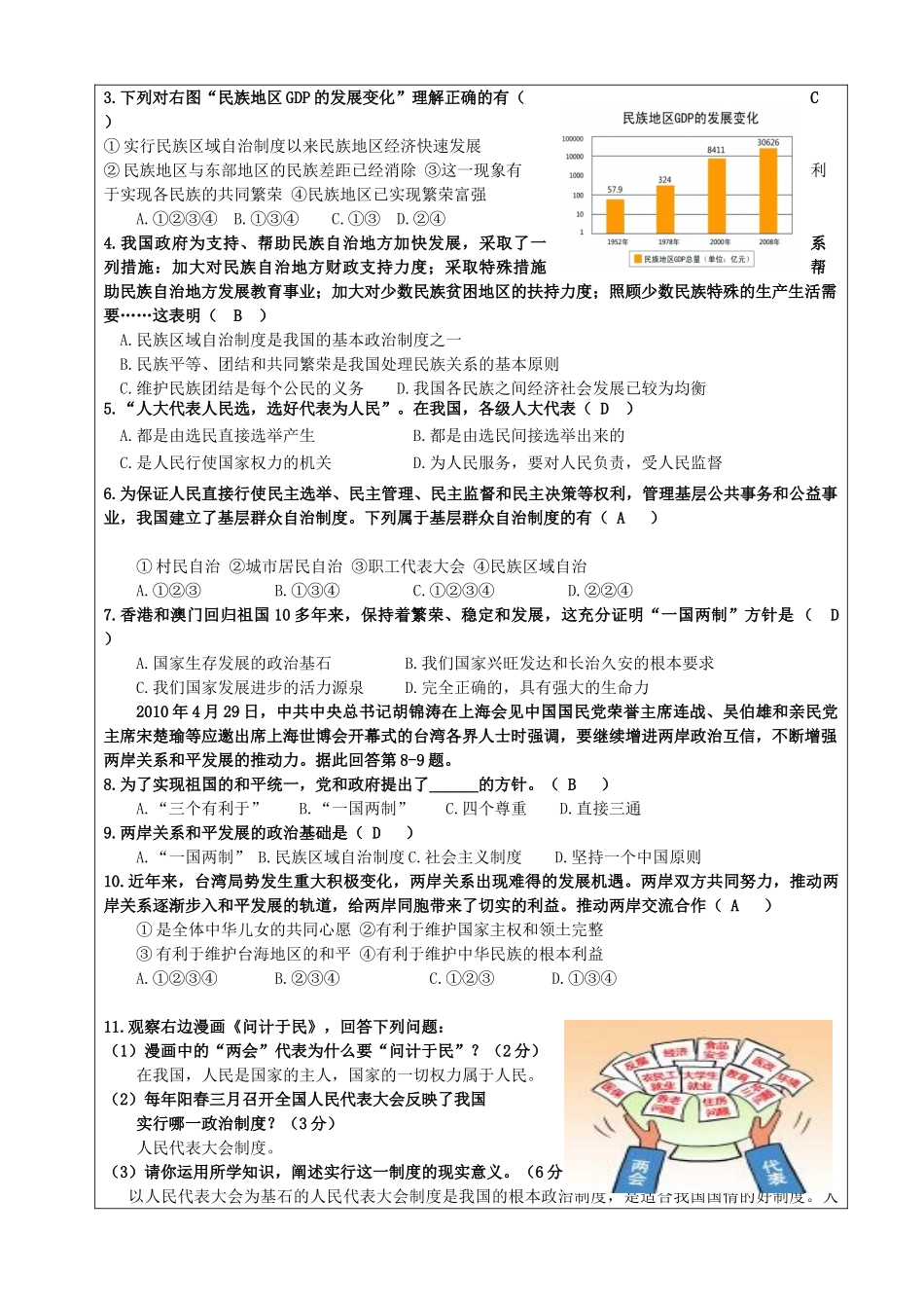 九年级政治全册 第一单元 认识国情 了解制度 1.3 适合国情的政治制度学案 粤教版-粤教版初中九年级全册政治学案_第3页
