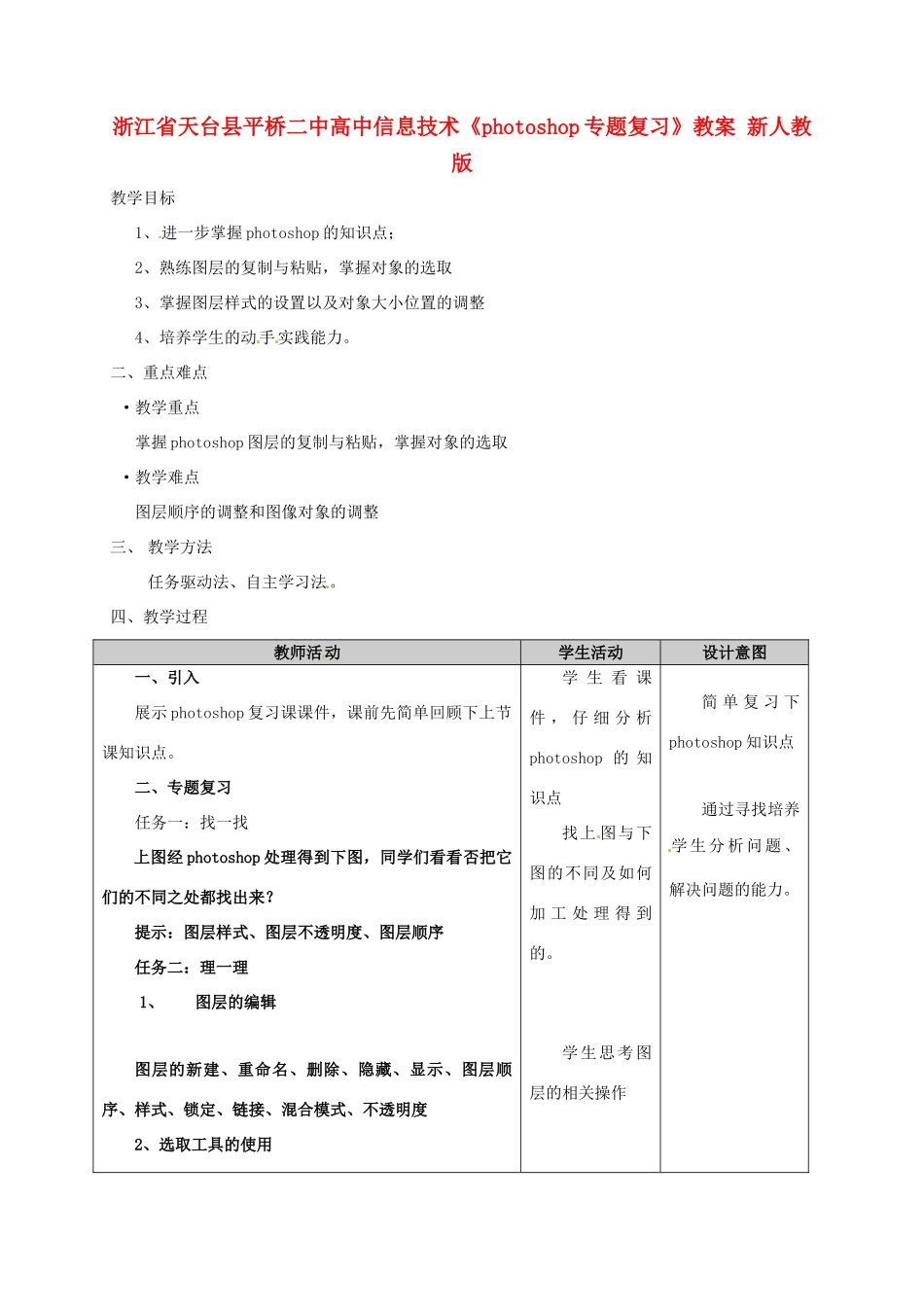 浙江省天台县平桥二中高中信息技术《photoshop专题复习》教案 新人教版_第1页