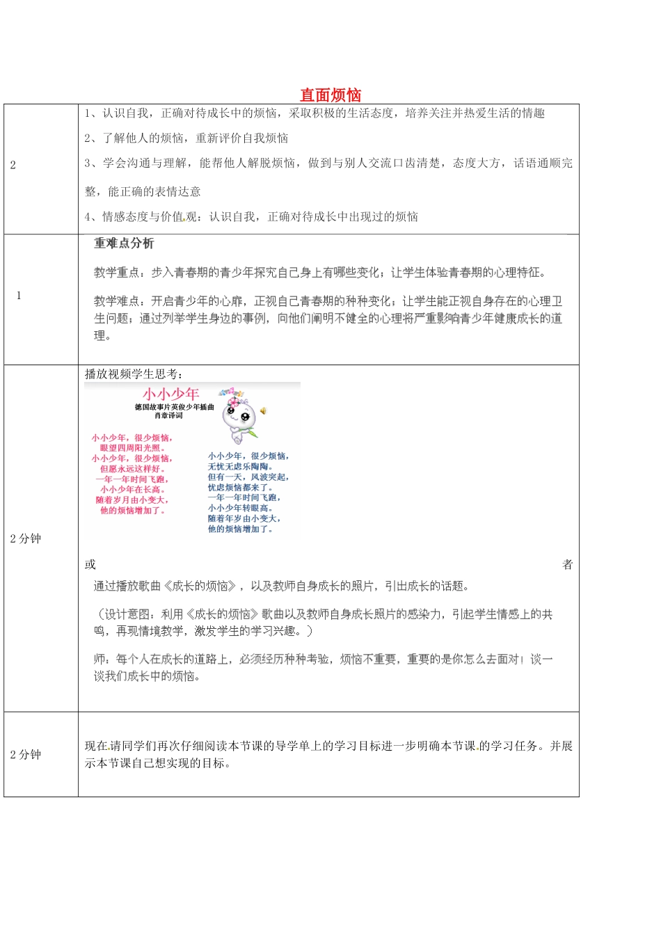 七年级政治上册 直面烦恼教学设计 教科版教材-教科版教材初中七年级上册政治教学设计_第1页